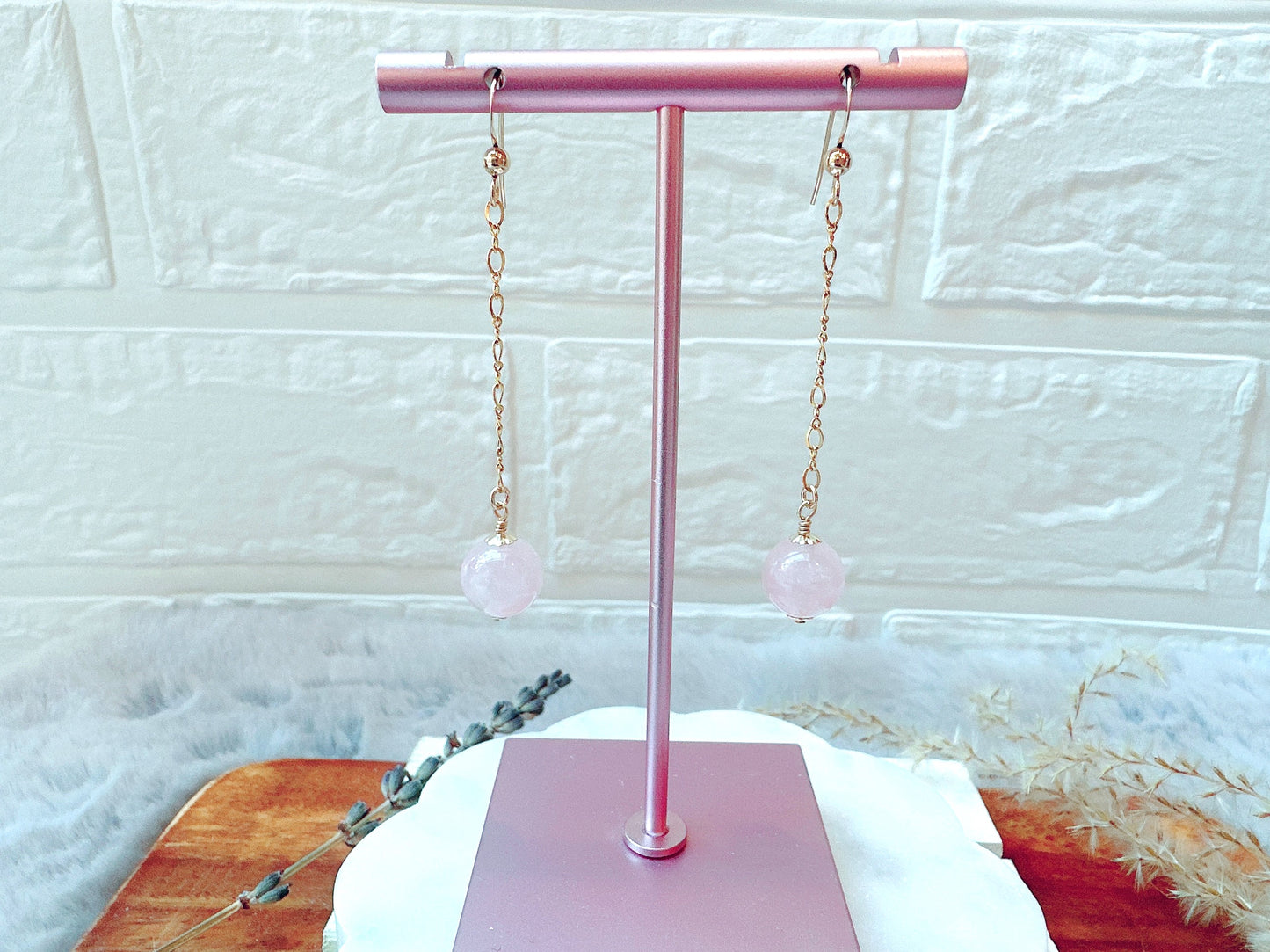 Rose Quartz Gold Chain Earrings