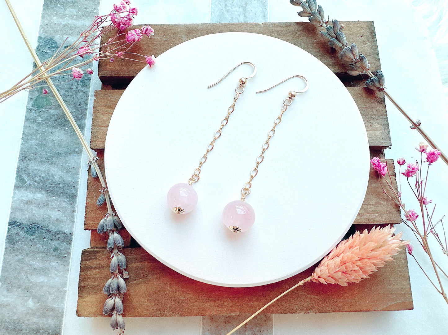 Rose Quartz Gold Chain Earrings