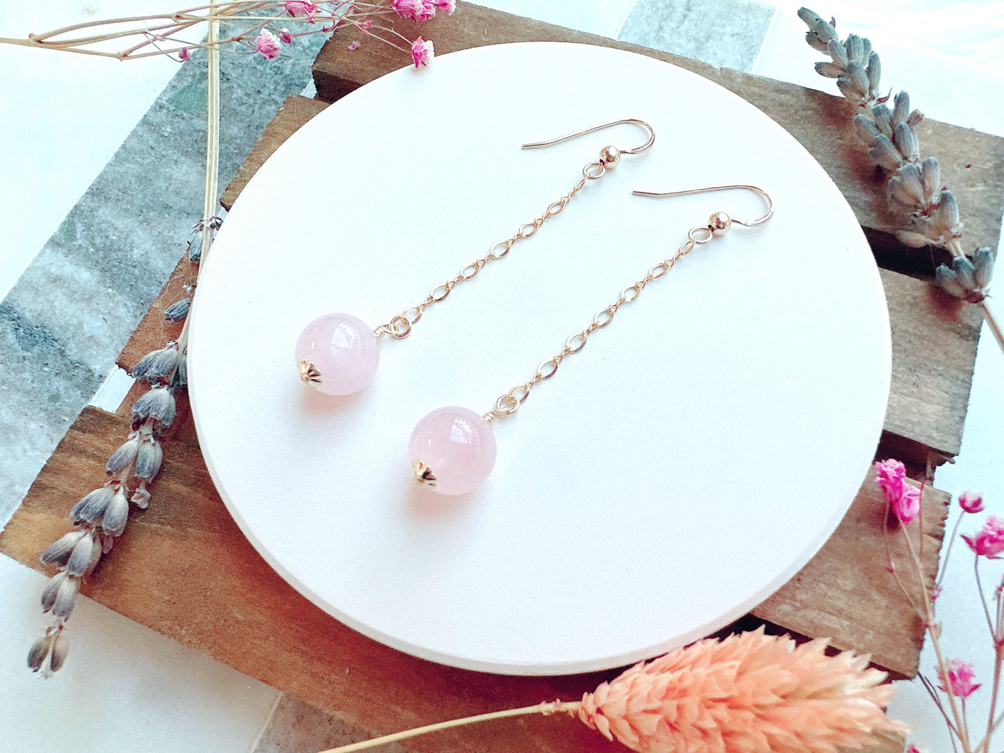 Rose Quartz Gold Chain Earrings