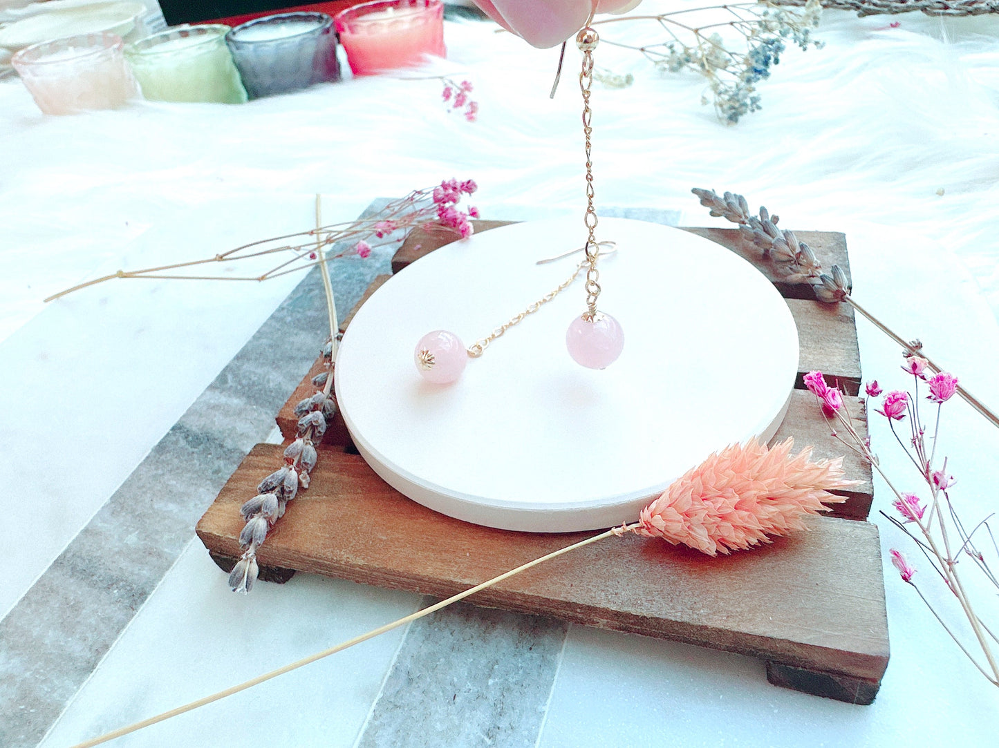 Rose Quartz Gold Chain Earrings