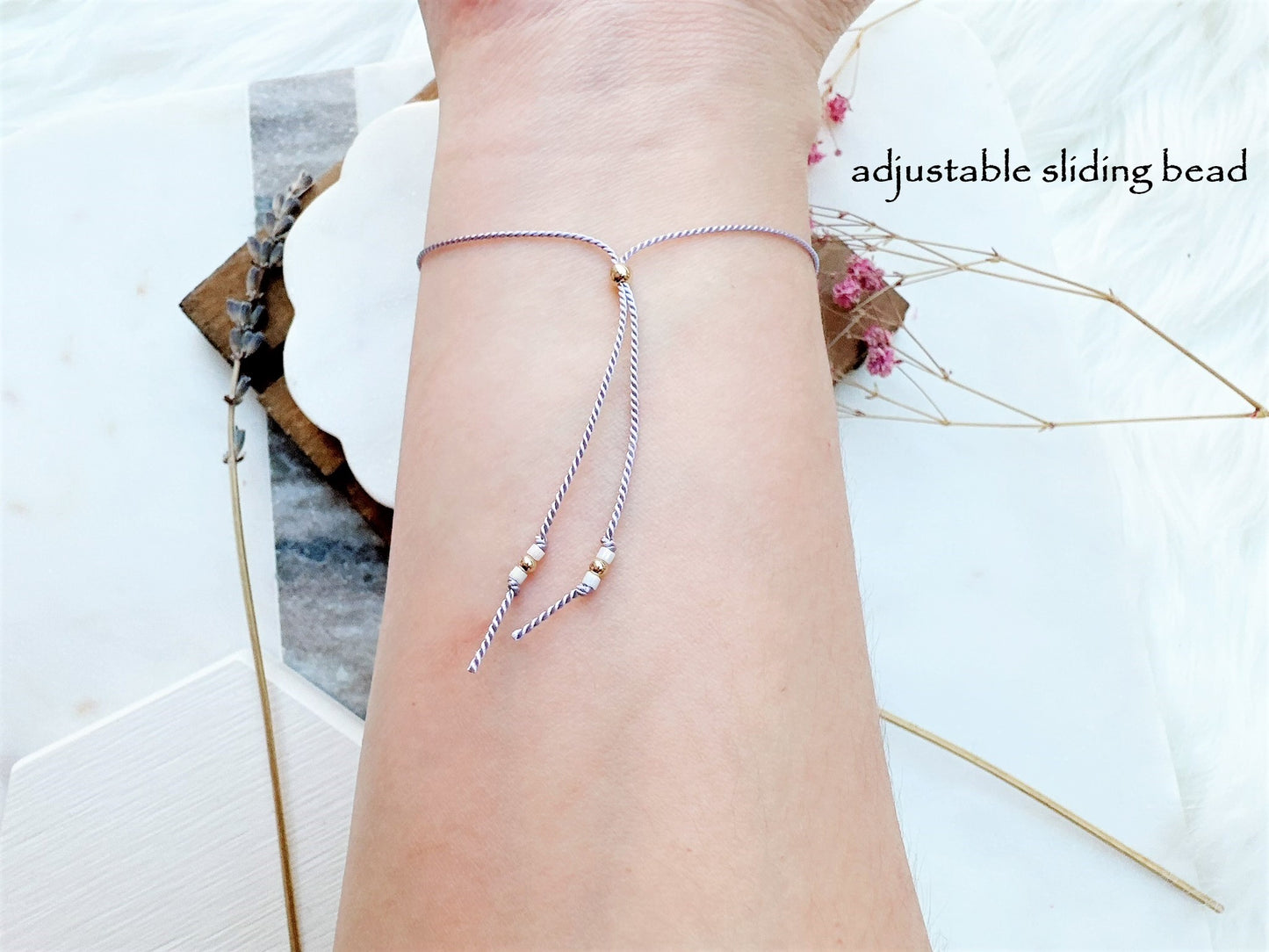 Lilac Silk String Bracelet with Mini Gold Beads