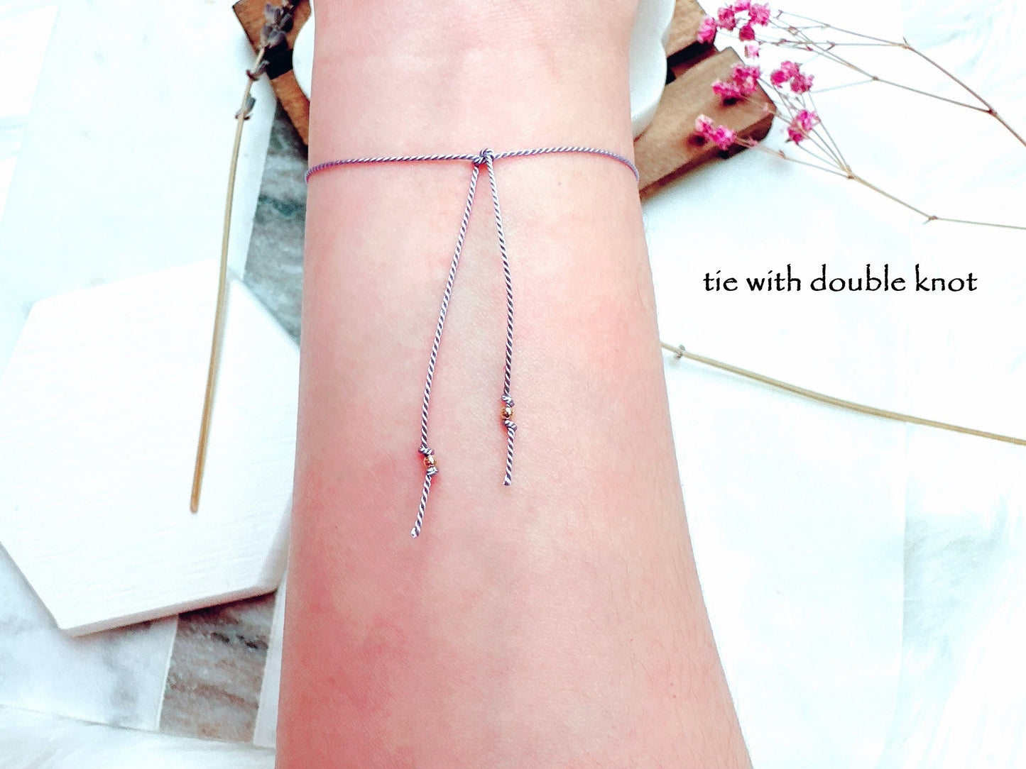 Lilac Silk String Bracelet with Mini Gold Beads