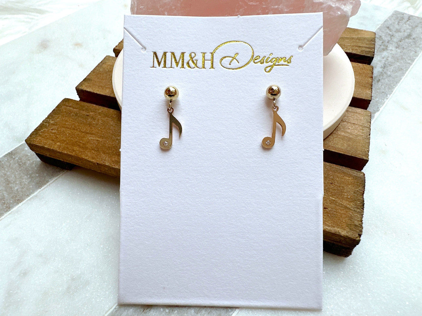 Gold Stud Earrings with Musical Note Charm