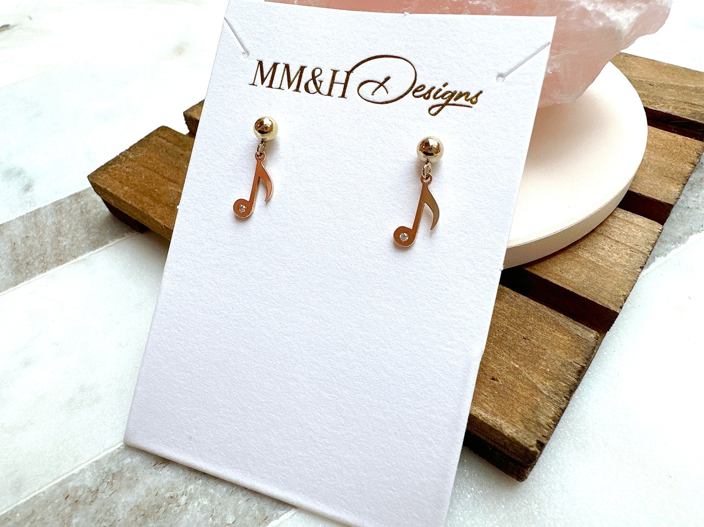 Gold Stud Earrings with Musical Note Charm