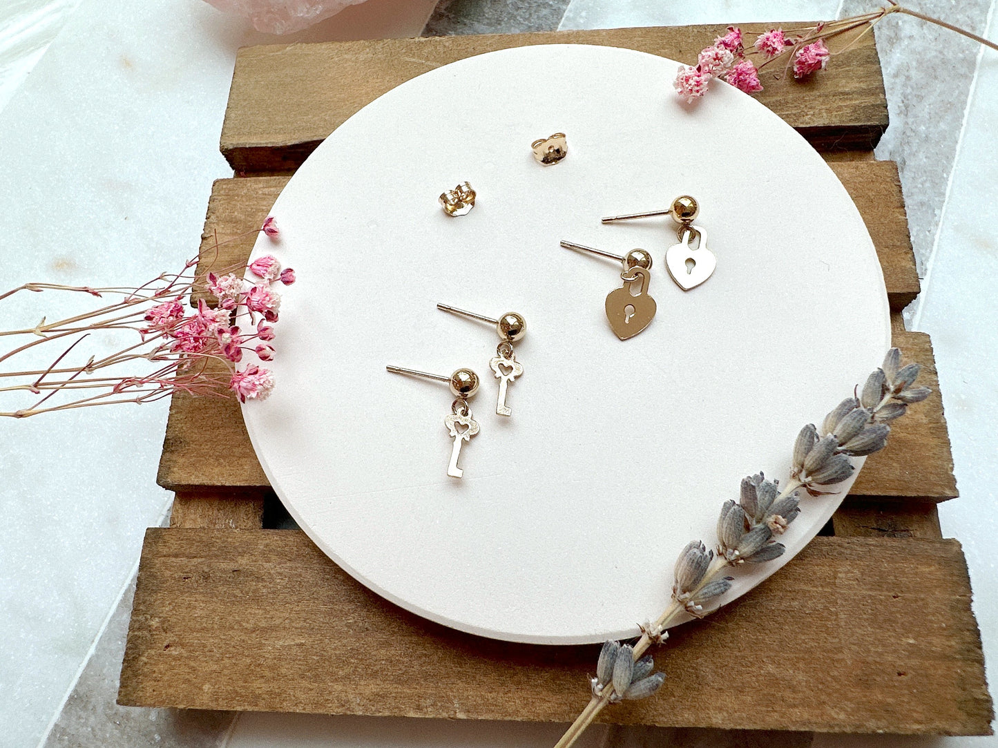 Dainty Gold Stud Earrings with Key or Lock Charms