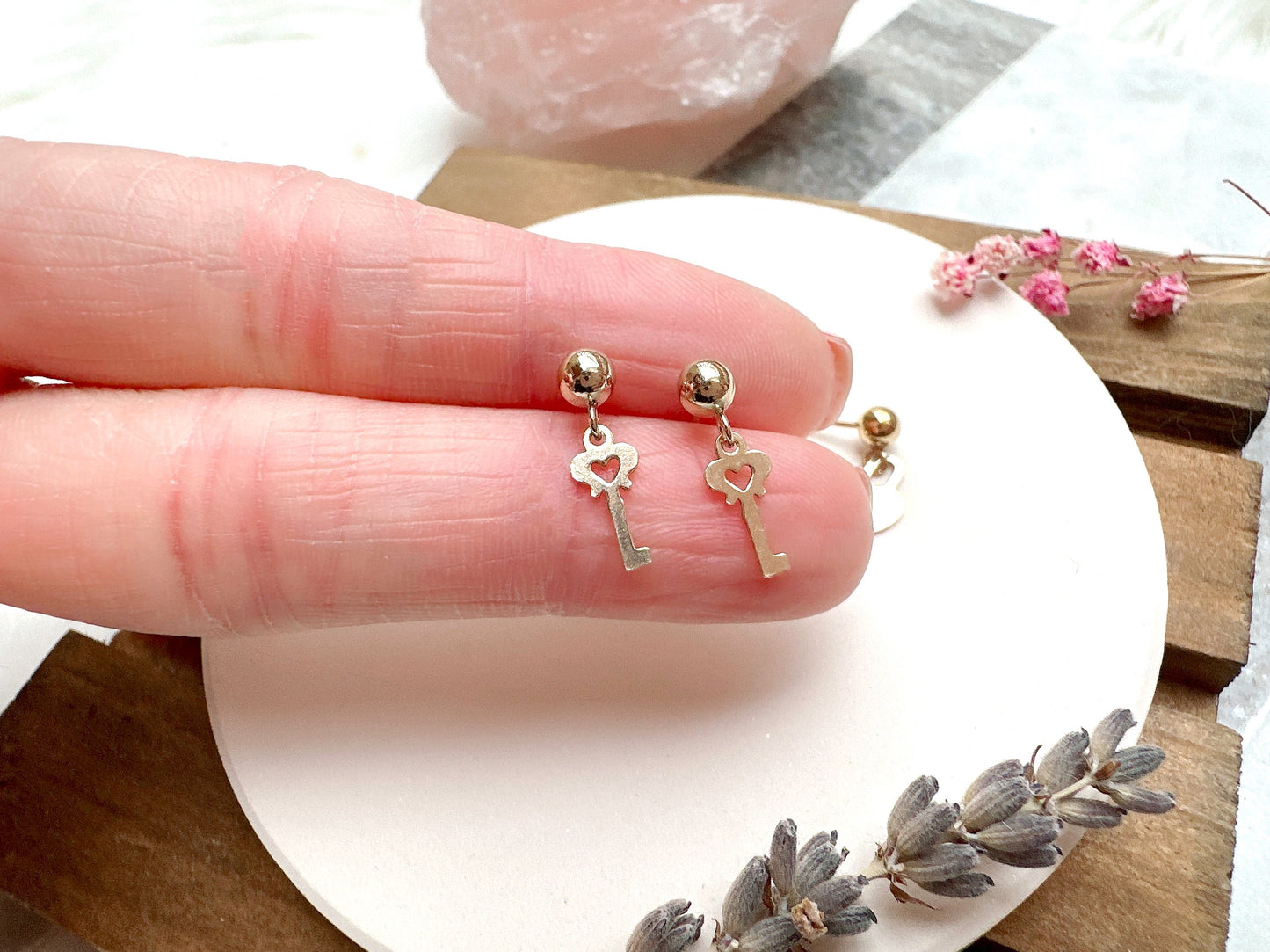 Dainty Gold Stud Earrings with Key or Lock Charms