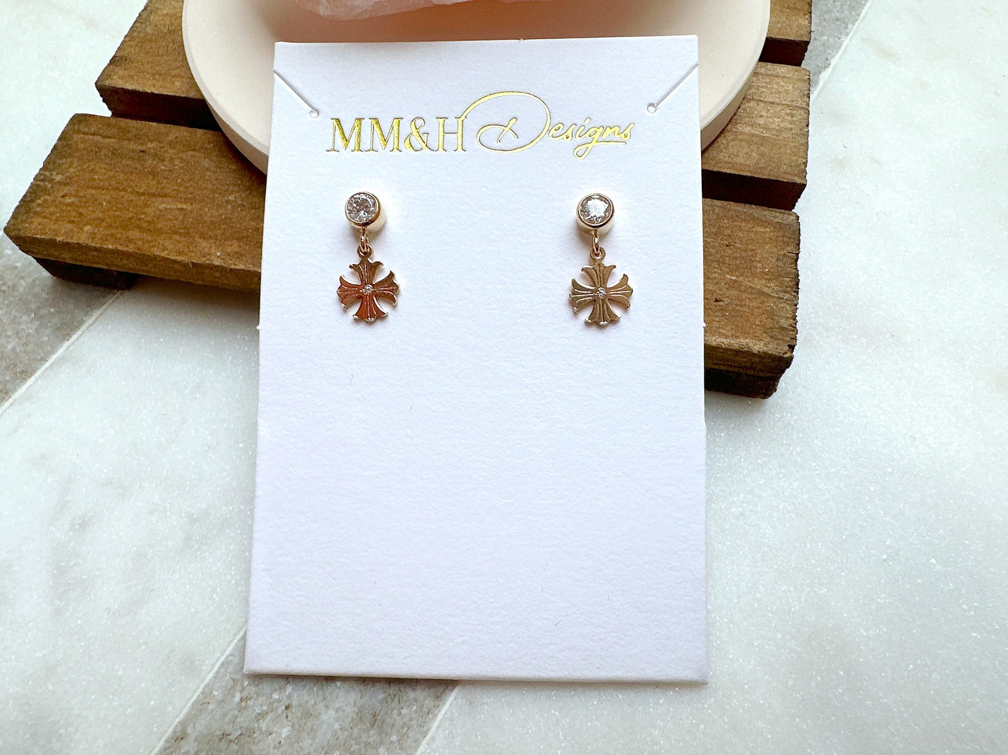 Gold Cubic Zirconia Stud Earrings with Beautiful Cross Charm