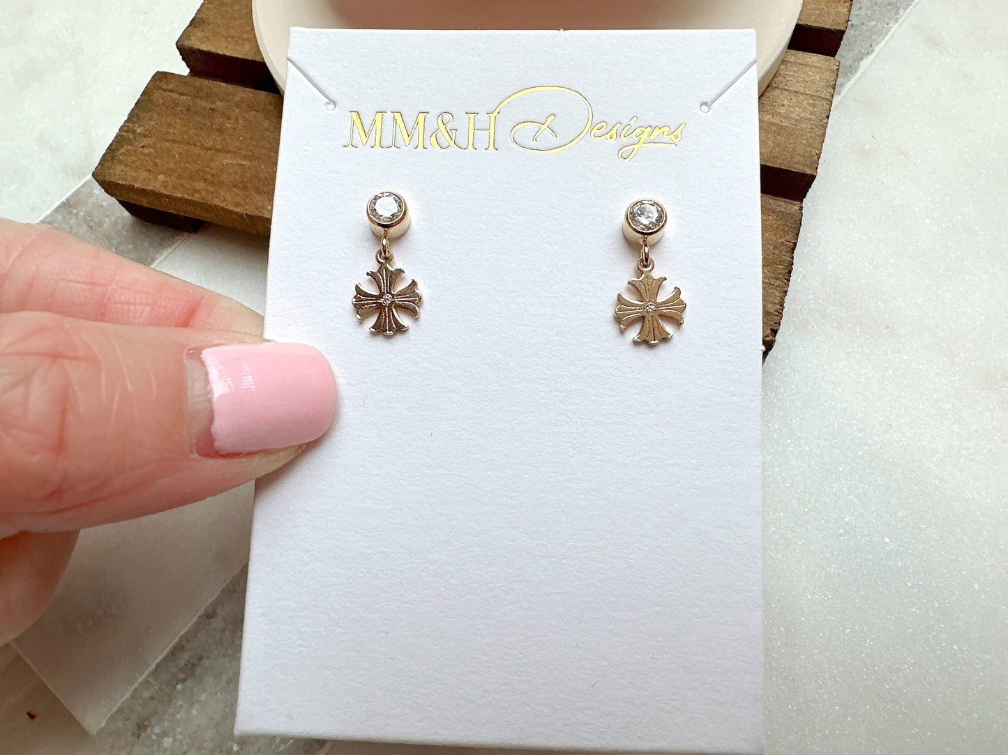 Gold Cubic Zirconia Stud Earrings with Beautiful Cross Charm