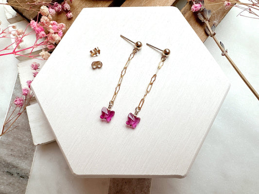 Stud Earrings with Crystal Butterfly on Chain