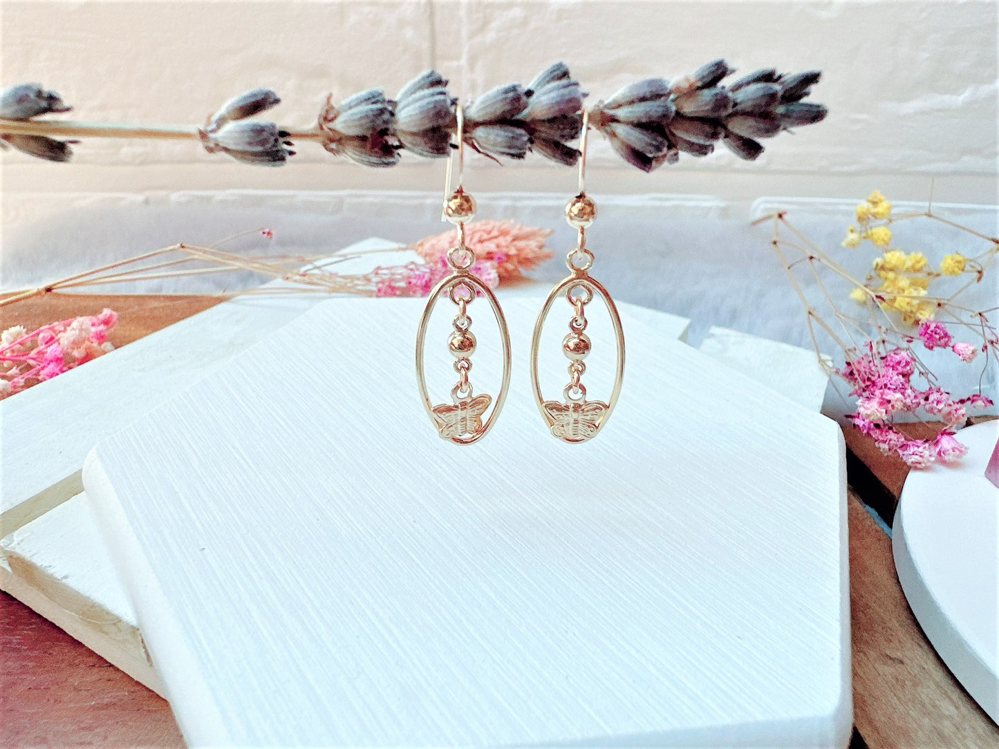 Butterfly Charm in Gold Oval Frame Earrings