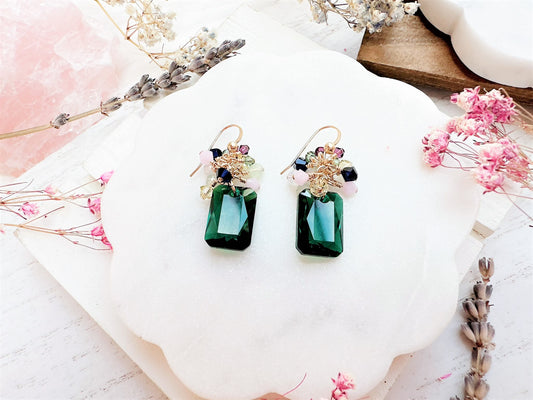 Emerald Cut Crystal Cluster Drop Earrings