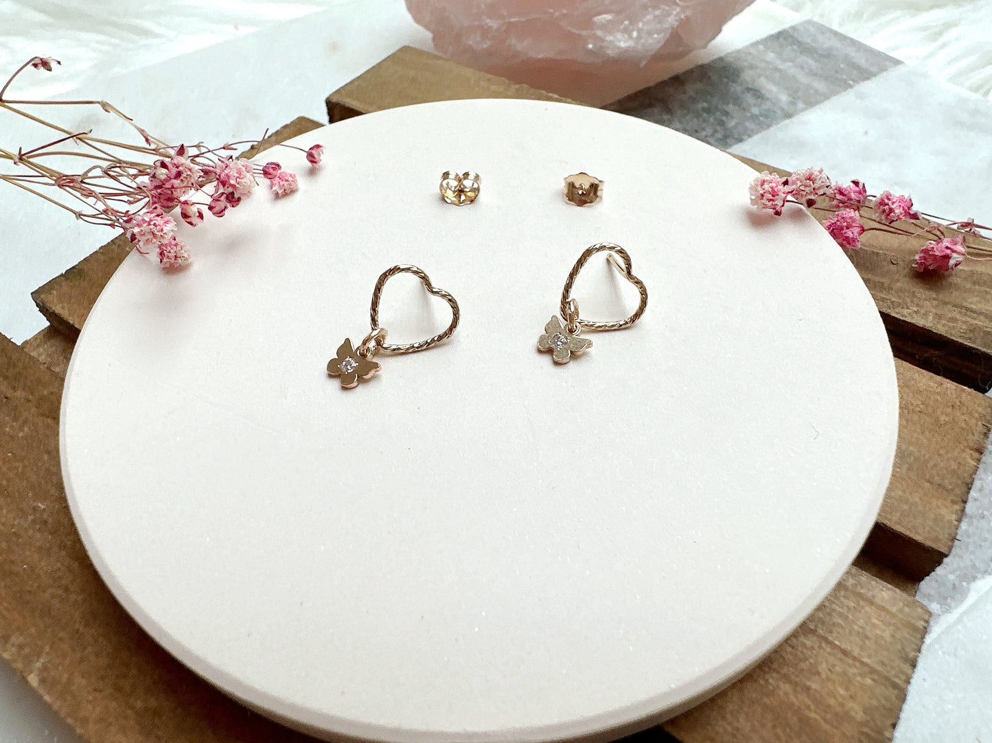 Sparkly Heart Stud Earrings with Mini Butterfly Charm