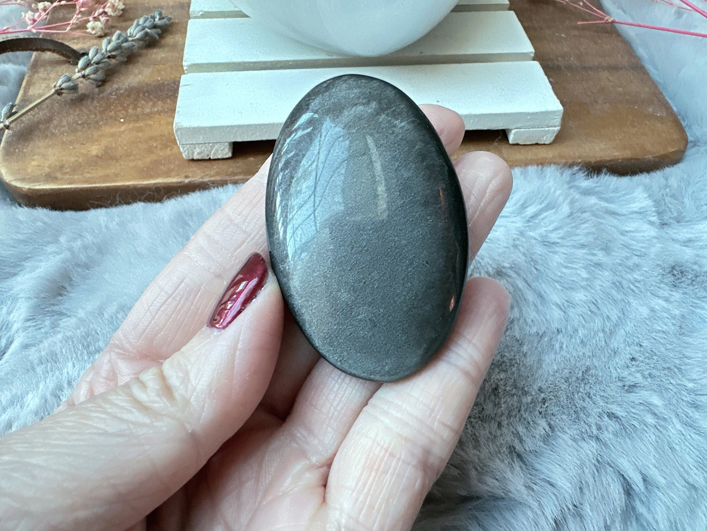 Small Silver Sheen Obsidian Palm Stone