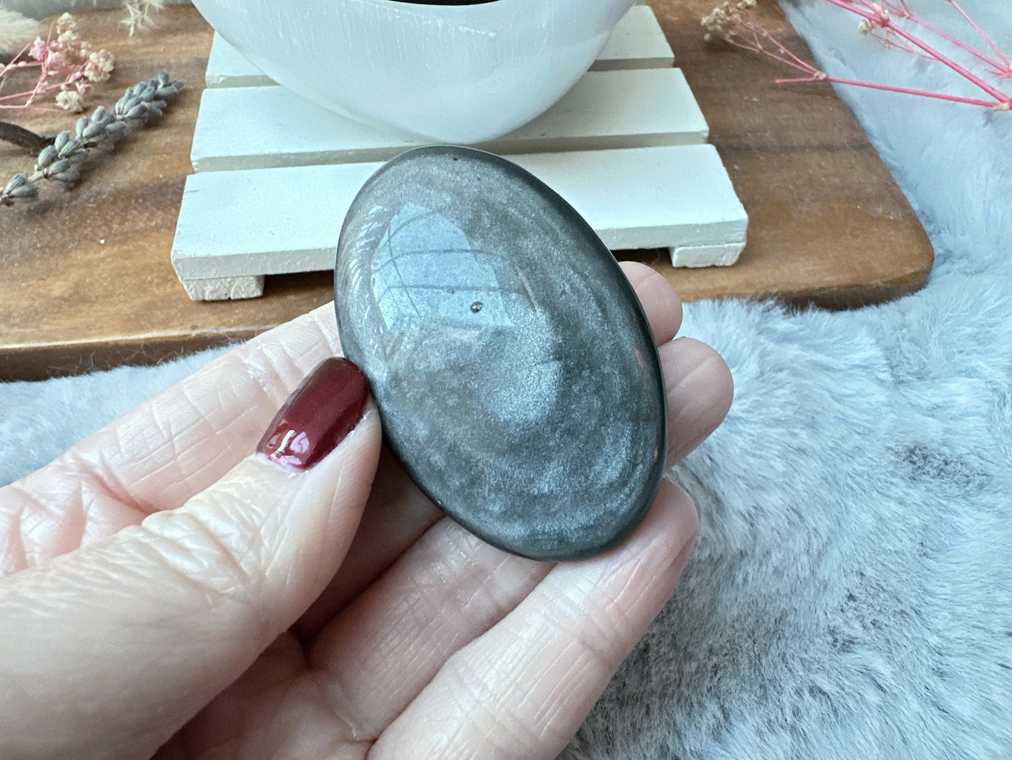 Small Silver Sheen Obsidian Palm Stone