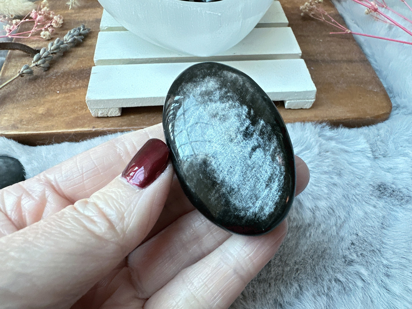 Small Silver Sheen Obsidian Palm Stone