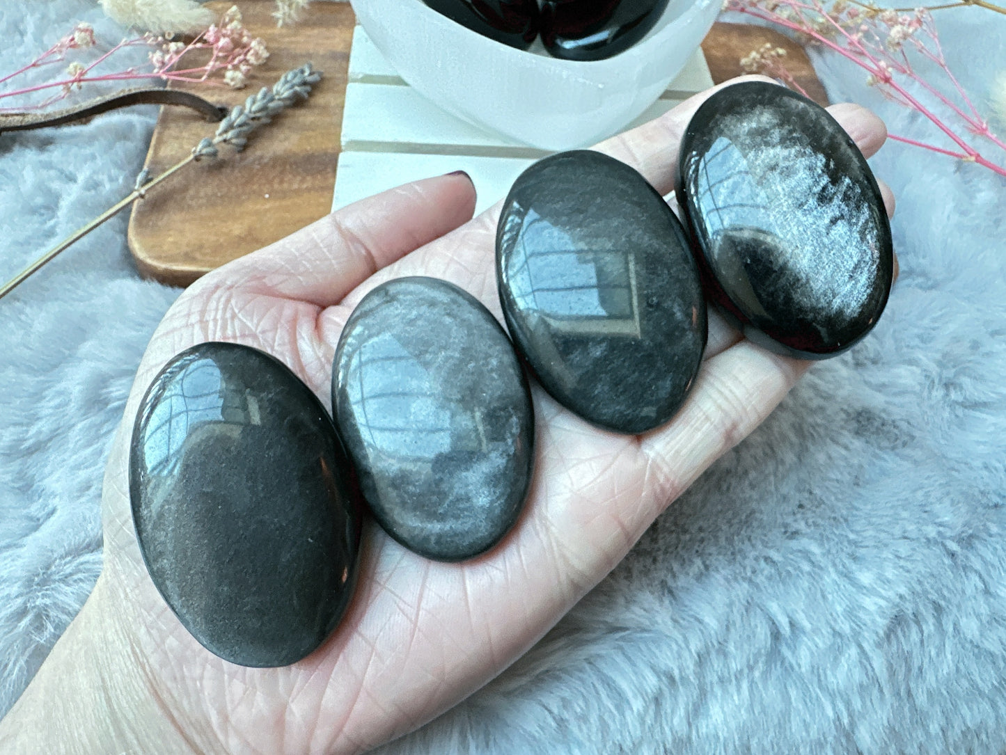 Small Silver Sheen Obsidian Palm Stone