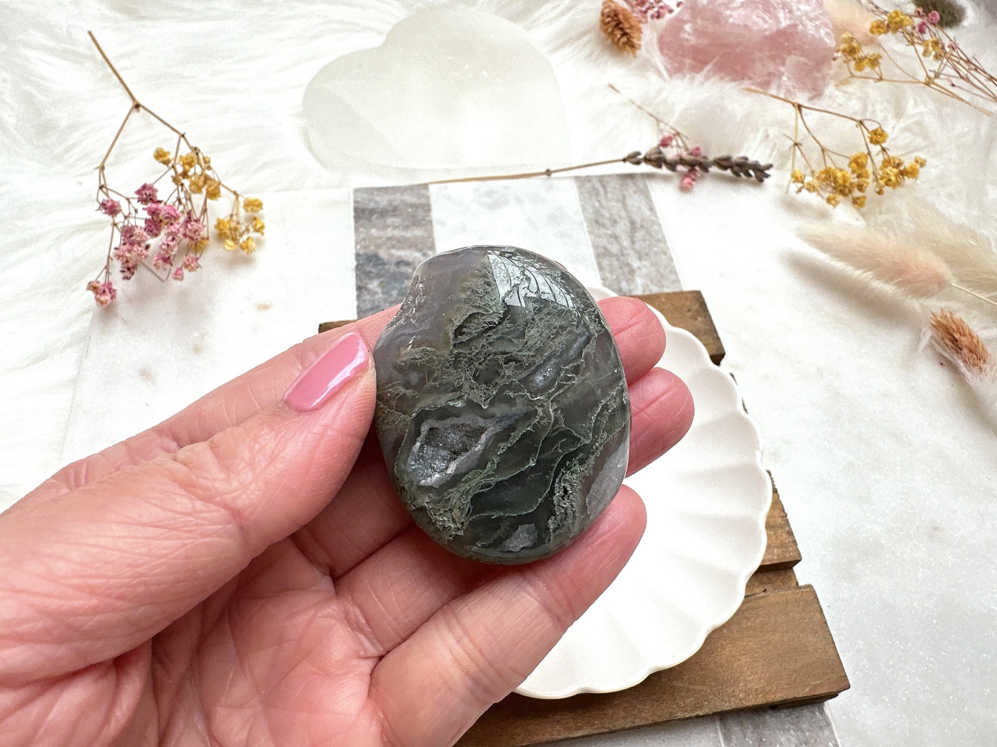 Small Moss Agate Palm Stone