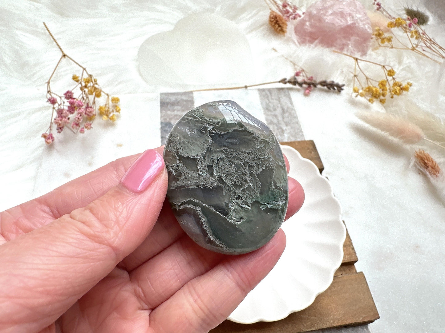 Small Moss Agate Palm Stone