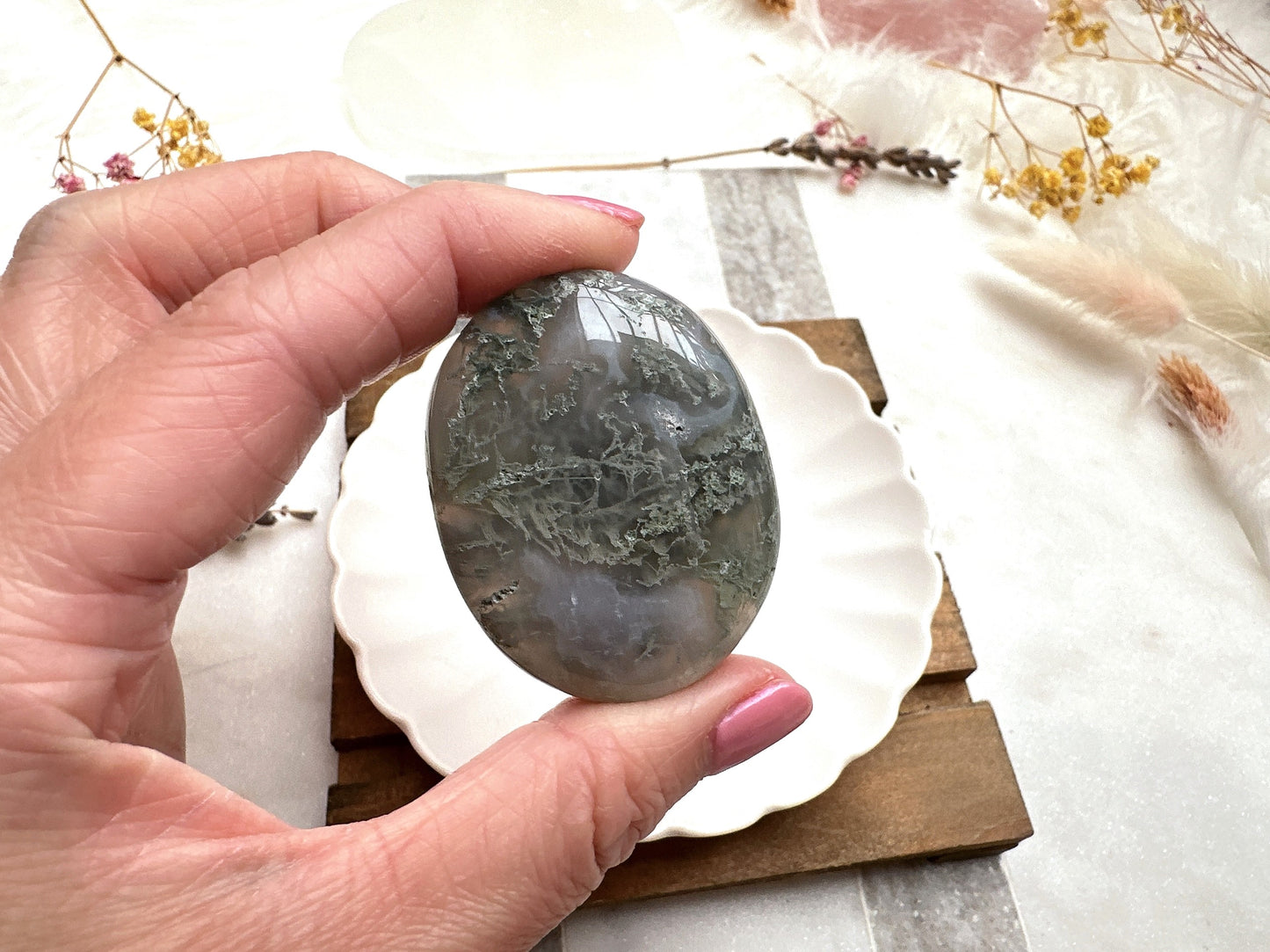 Small Moss Agate Palm Stone