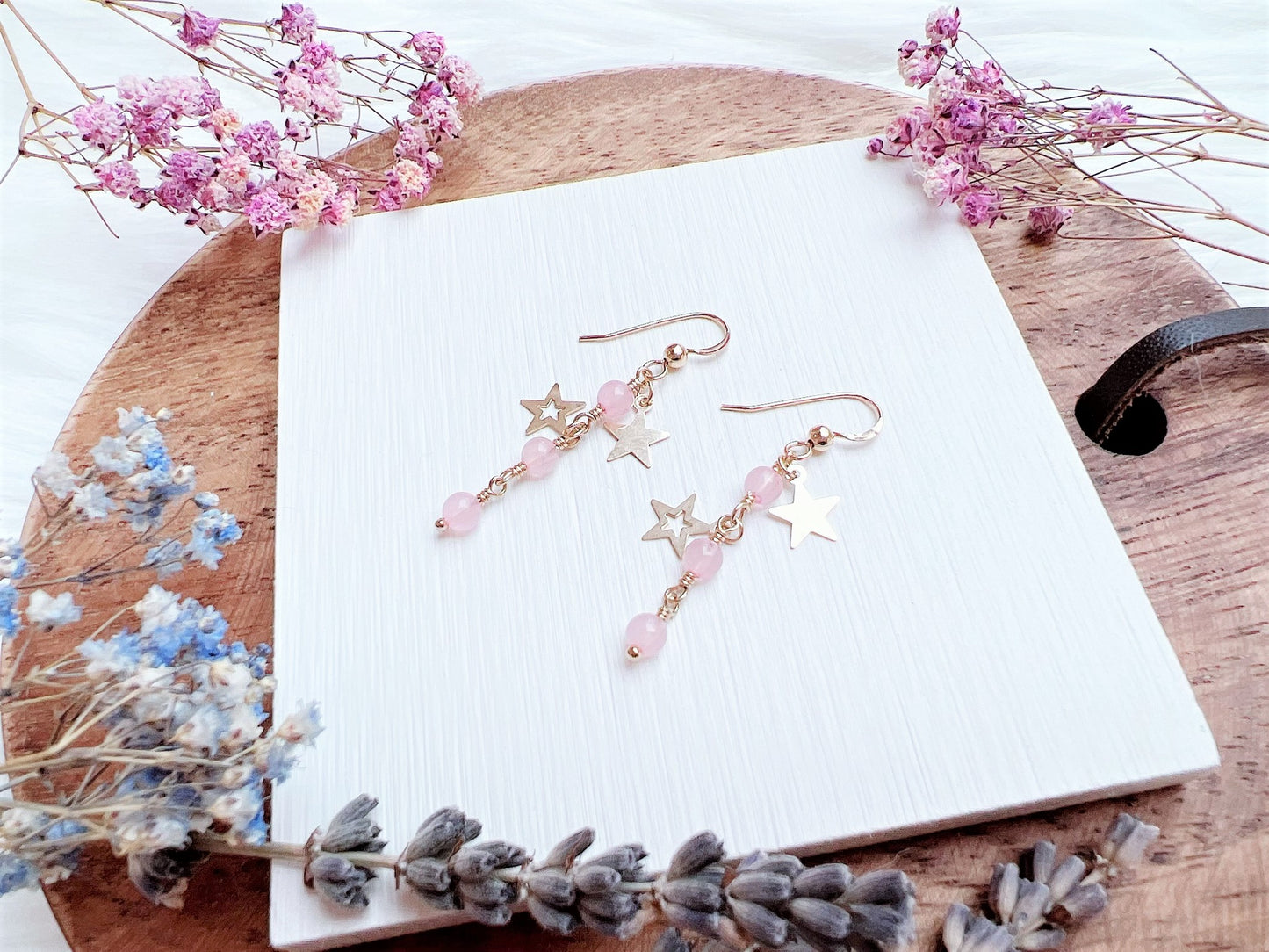 Rose Quartz and Star Charms Earrings