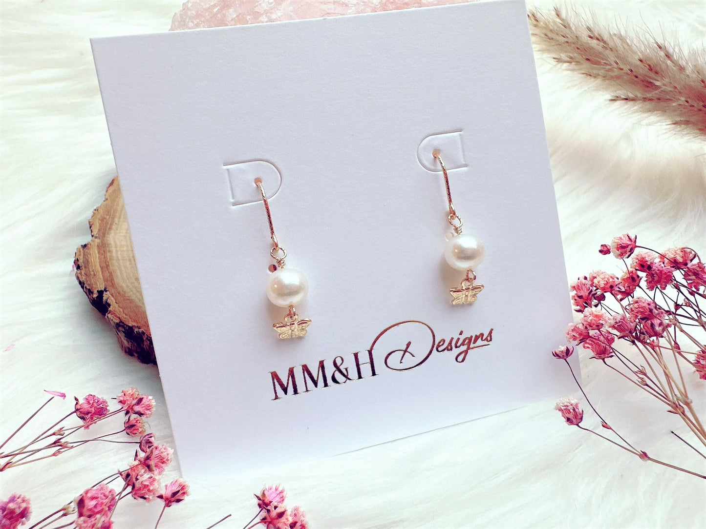 White Freshwater Pearl Earrings with Butterfly Charm