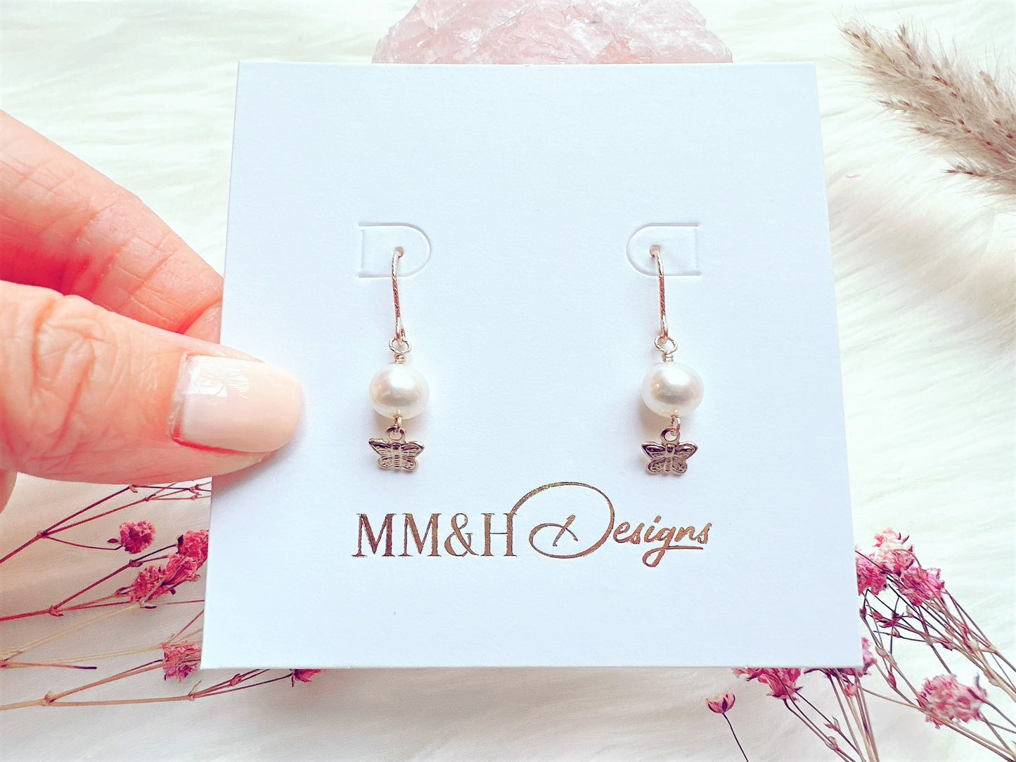 White Freshwater Pearl Earrings with Butterfly Charm